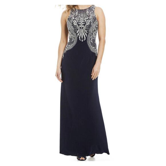 Cachet Navy Blue Rhinestone Beaded Embroidered Long Formal Dress Gown Prom sz 4 - Picture 1 of 13